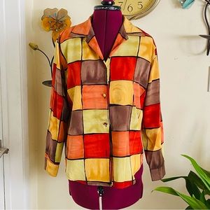 Colorblock Silk Blend Button-Up Blouse - Multi/Red/Yellow